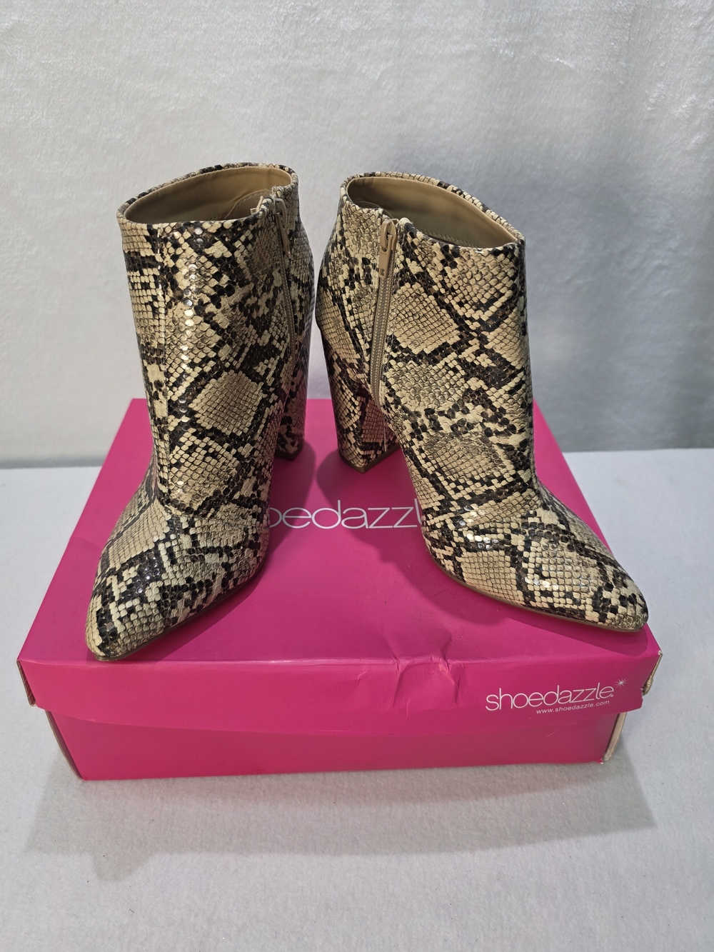 Shoe Dazzle Beige Snake-Print Pointed Toe Ankle Boots